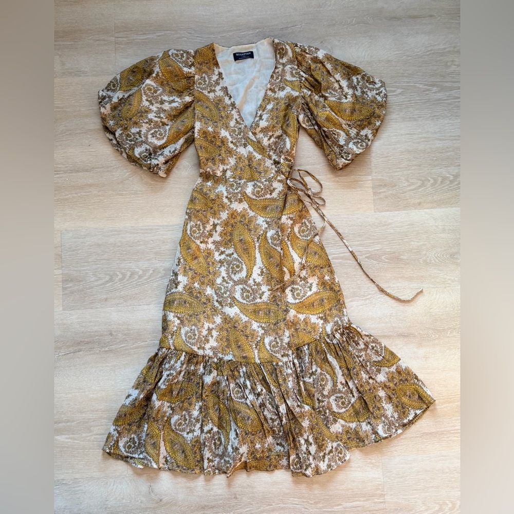 MINKPINK Mustard Paisley Wrap Midi Dress with Puff Sleeves